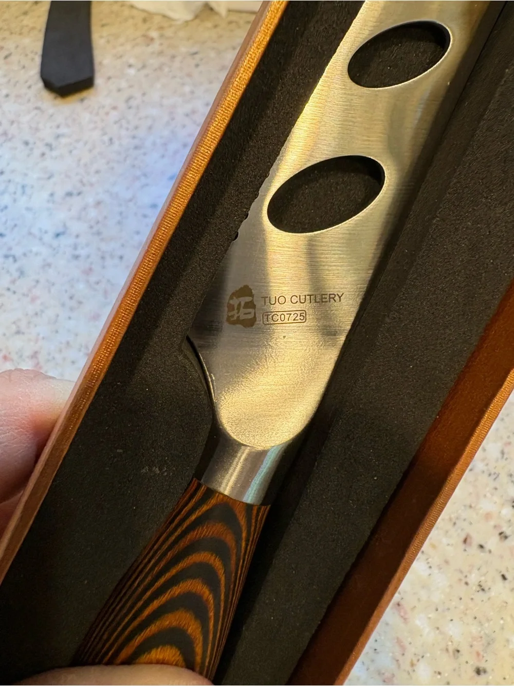 TUO 5.5” Cheese and Tomato Knife with a Perforated Blade and Pakkawood Handle